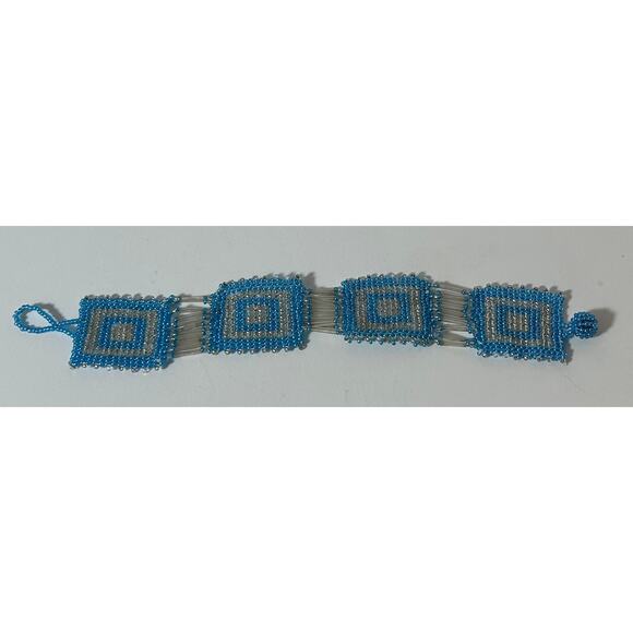 Handmade Blue Silver Seed Bead Woven Bracelet 8.25" Geometric Squares - Picture 3 of 5